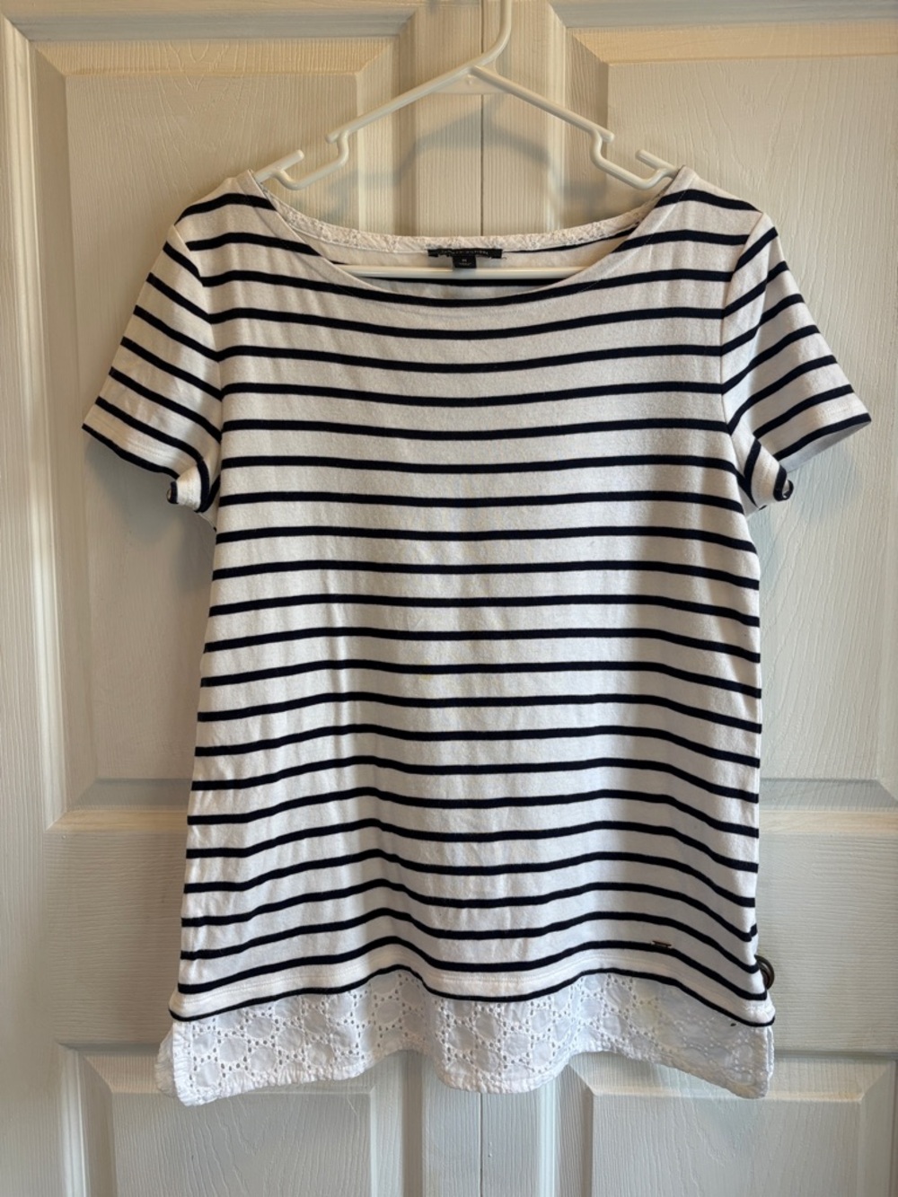 Tommy Hilfiger Navy & White Striped Short-Sleeve Top with Eyelet Hem